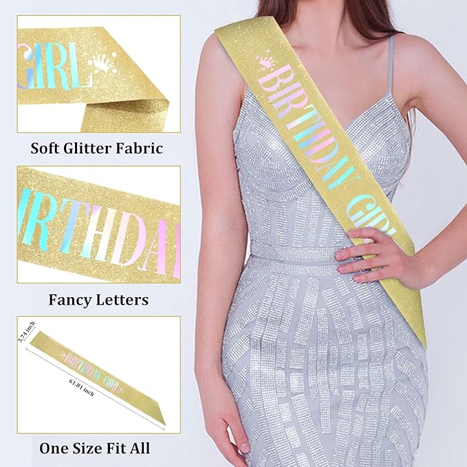 CAVETEE Birthday Girl Crown and Sash， Princess Tiara Happy Birthday Headband Party Accessories for Women and Girls