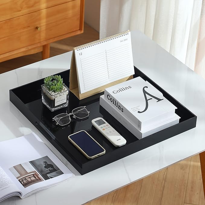 Black Oversize Acrylic Serving Tray with Handles 19x19 Inch -Spill Proof- Decorative Trays Countertop Organizer for Ottoman,Nightstand, Sidetable, Butler (19x19 Inch, Black)