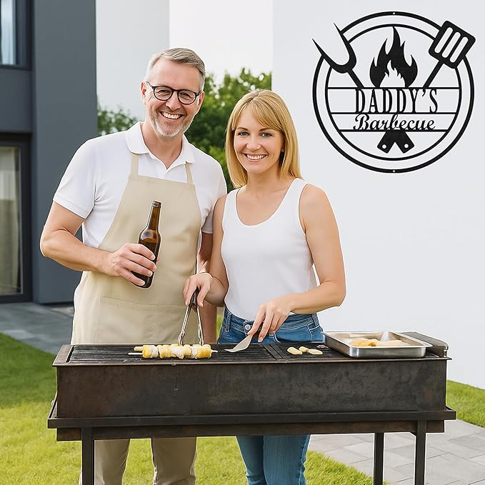 Custom BBQ Grill Metal Sign Personalized Name Wall Art for Outdoor Barbecue Patio Kitchen Backyard Decor Gift for Dad Husband Men Papa Grandpa Father Grilling Enthusiasts Family Lover Funny Gifts 71