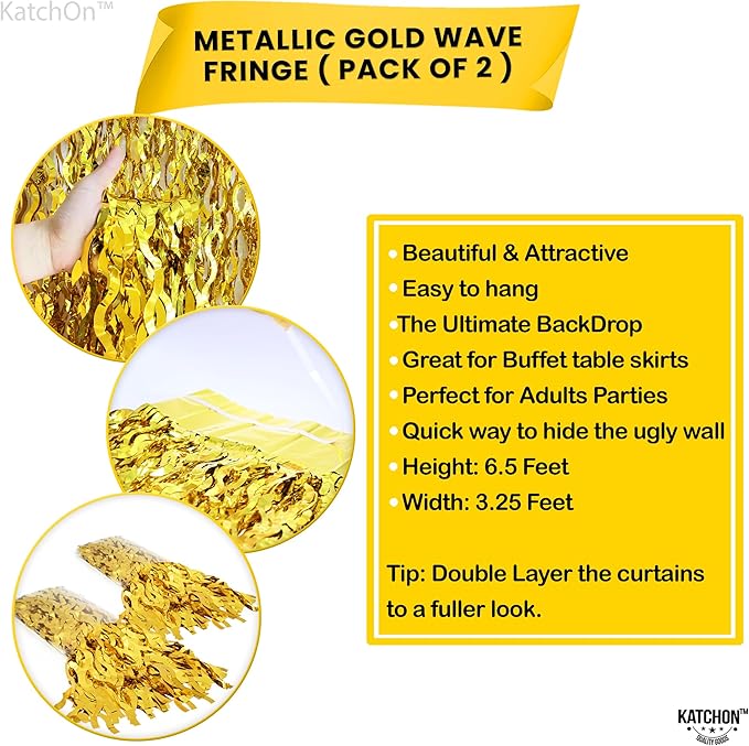 KatchOn, Large Wave Gold Backdrop Curtain - Pack of 2 | Gold Streamer Backdrop for Graduation | Golden Fringe Backdrop for Graduation Decorations 2025, Golden Birthday Decorations, Bridal Shower
