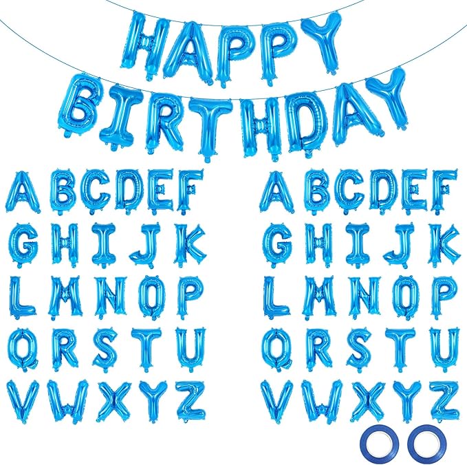65 Pcs Blue Happy Birthday Balloons and 2 Sets A-Z Letters Foil Balloons, 16 Inch Personalized Name Happy Birthday Banners for Wedding Baby Shower Anniversary Party Decorations (Blue)