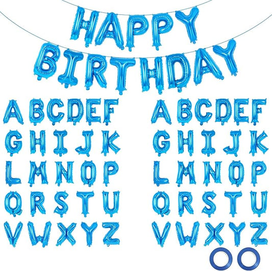 65 Pcs Blue Happy Birthday Balloons and 2 Sets A-Z Letters Foil Balloons, 16 Inch Personalized Name Happy Birthday Banners for Wedding Baby Shower Anniversary Party Decorations (Blue)