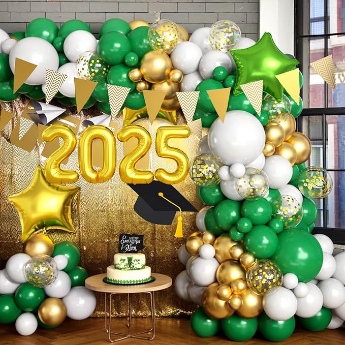 Green Gold White Balloons Arch Kit with Star Balloon Pennant Flag Bunting 2025 Foil Balloon Banner Green Gold Confetti Balloons Garland for Class of 2025 Graduation Theme Birthday Party Supplies