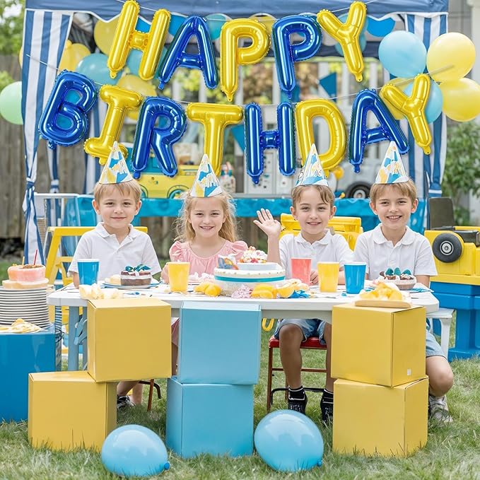 Blue and Yellow Happy Birthday Balloon Banner, 16 Inch Blue Gold Happy Birthday Bunting Banner Letter Foil Balloons for Boys Soccer Club Theme Cartoon Style Birthday Party Decorations Supplies