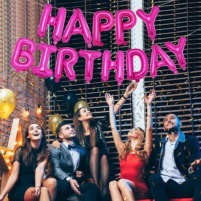 Accevo Rose Red Happy Birthday Banner,16 Inch Mylar Foil Letters Balloons Hot Pink Happy Birthday Balloon for Kids, Child, Adults, Boys & Girls Happy Birthday Sign Birthday Decorations