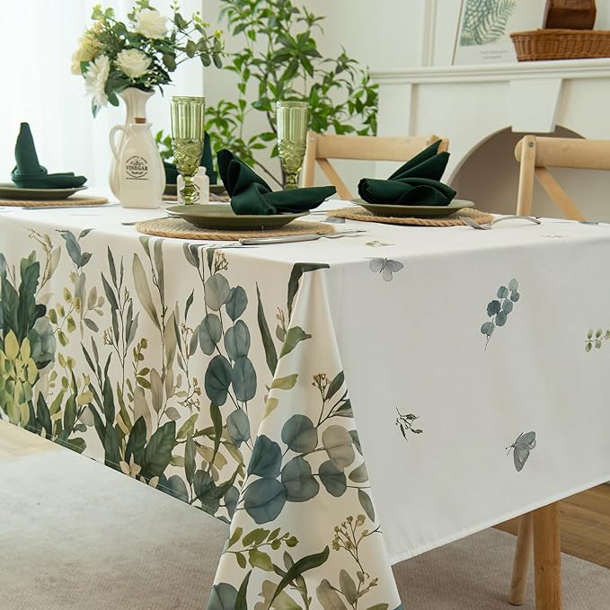 Summer Spring Tablecloth – Waterproof, Stain Resistant, Eucalyptus Floral Design for Dining, Kitchen, Outdoor, Picnic, Easy Clean, Vibrant and Durable Home Decor, W52 x L70