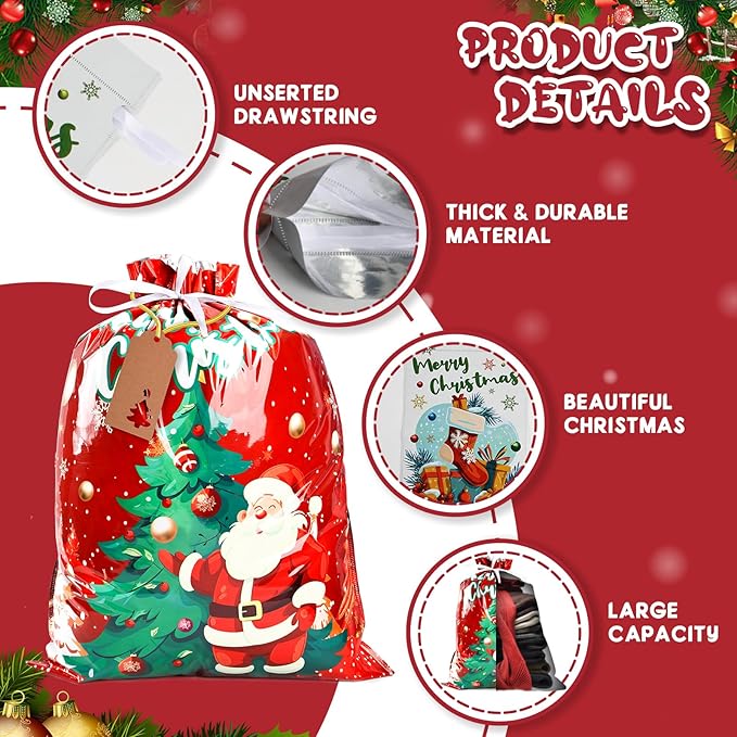 AURUZA 20PCS Christmas Drawstring Gift Bags - Assorted Sizes from Small to Jumbo, with Colorful Designs & Tags, Ideal for Holiday Wrapping & Decorations Party Favors