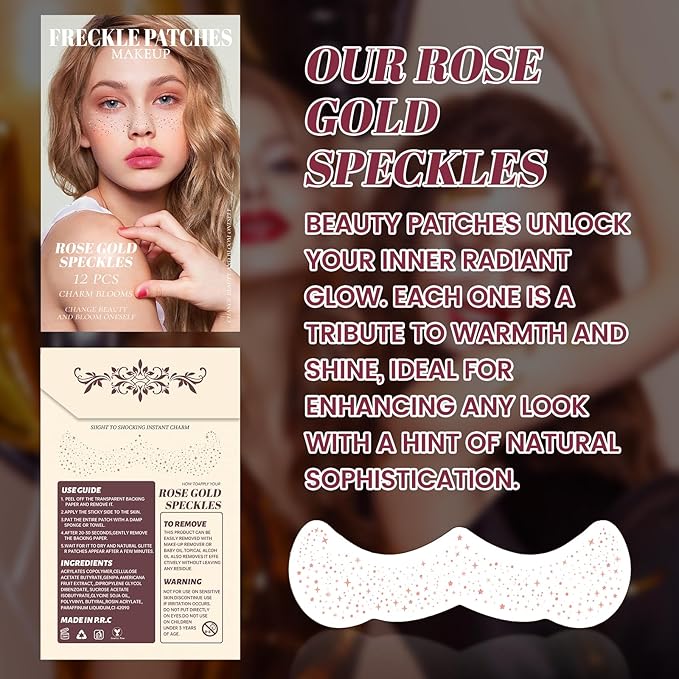 12Pcs Glitter Freckles for Women, Long Lasting Waterproof Holographic Sparkle Temporary Face Tattoo Star Sticker Makeup Patches for Rave Musical Festival Accessories (ROSE GOLD FRECKLES)