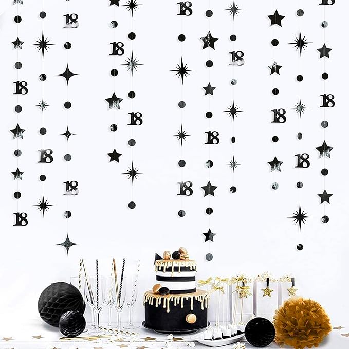 Black 18th Birthday Decorations Number 18 Circle Dot Twinkle Star Garland Metallic Streamer Banner Backdrop for Girls Boys Happy 18th Birthday Time to Adult Cheers to 18 Years Old Anniversary Party