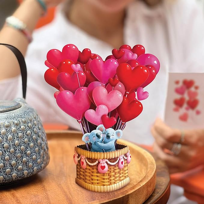 Freshcut Paper Pop Up Cards, Mini Heart Balloons, 6 Inch Mini Sized 3D Popup Greeting Cards, Valentine's Day, Anniversary Card, Blank Notecard & Envelope