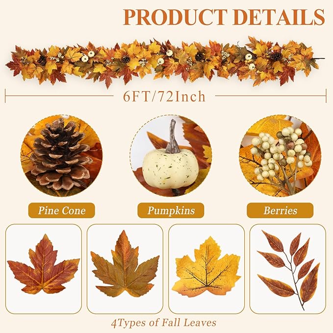 Fall Garland with Lights Outdoor 6FT Autumn Fall Leaves Garland with Pinecones Berries 30 Warm Lights Thanksgiving Christmas Fall Decorations for Home Table Farmhouse Porch Fireplace (Fall Orange)