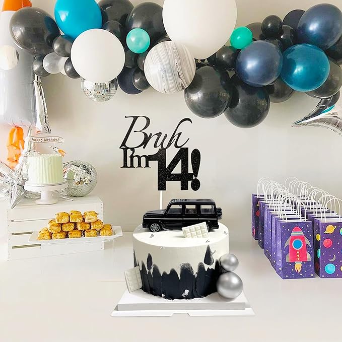 Bruh I'm 14 Cake Topper - Black Glitter Happy 14th Birthday Decorations for Boys Teens, Funny 14 Year Old Party Supplies, Bro I'm 14 Cake Decor (Bruh I'm 14！,14th)