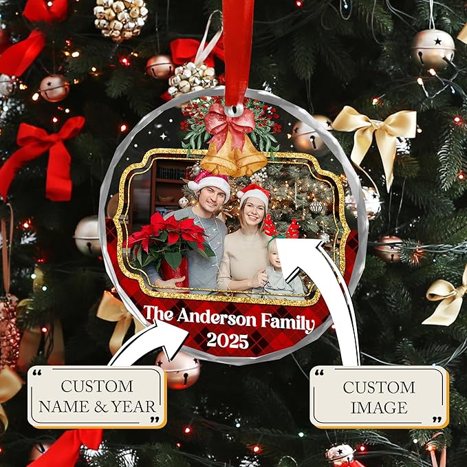 Personalized Christmas Ornament with Photo for Family, Custom Picture Crystal Ornaments for Christmas Tree Decorations, Unique Customized Xmas Decor Ideas for Family (#PGO07)