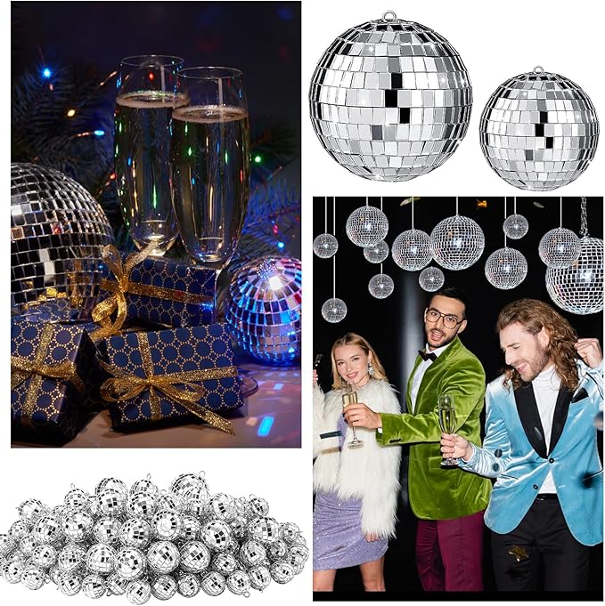 Funtery 100 Pcs Mirror Disco Balls Bulk Assorted Silver Hanging Disco Ball Decor for Home Wedding Birthday Dance Music 70 S Theme Party Christmas Tree Ornaments(1.2'', 2'', 3.2'', 4'')
