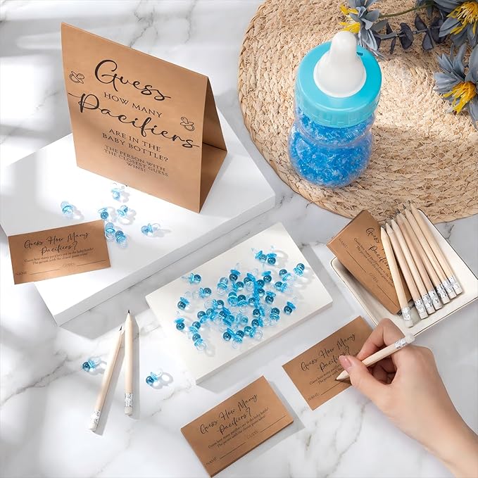 Roowest 512 Pcs Baby Shower Games Guess How Many Pacifiers Sign 100 Small Guessing Games 10 HB Pencils 750ml Milk Bottle 400 Acrylic Pacifiers Decoration for Guest Gender Reveal