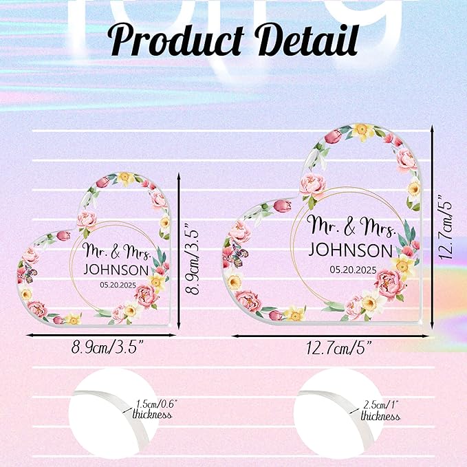 Custom Wedding Heart Acrylic Plaque,Mr & Mrs Cake Topper,Personalized Wedding Keepsake/Gift/Sign (Style 20)