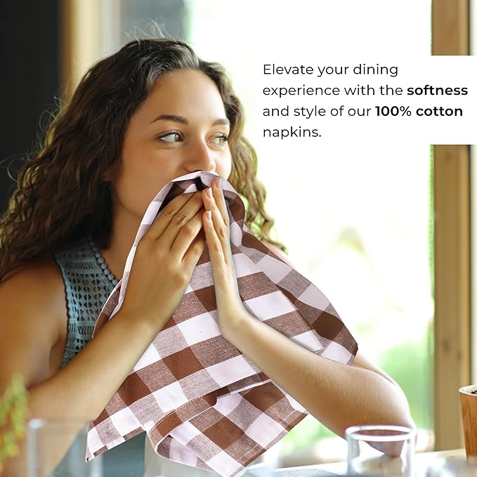 Urban Villa Cloth Napkins 100% Cotton Dinner Napkins Highly Absorbent 20x20 Inches (Set of 12) Brown White Buffalo Checks Reusable Washable Soft Durable Premium Napkins Ideal for Home Wedding Parties