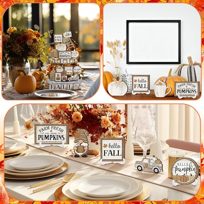 24 Pcs Thanksgiving Fall Tiered Tray Decoration Set Thanksgiving Table Sign Pumpkins Farmhouse Decor Gnome Maple Leaves Decorative Trays Harvest Wood Blocks Signs Block Tabletop for Autumn