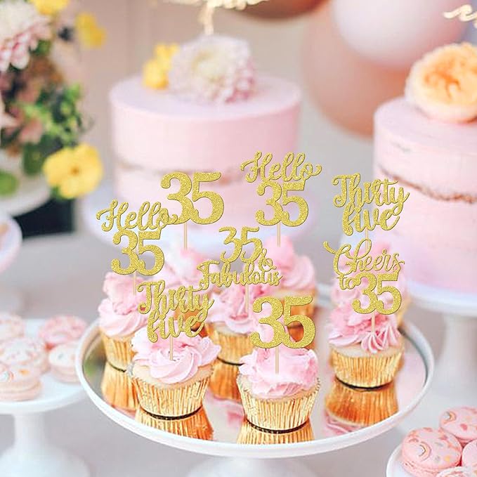 30PCS Happy 35th Birthday Cupcake Toppers Glitter Hello 35 Fabulous Thirty Five Cheers to 35 Years Old Birthday Cupcake Picks for Happy 35th Birthday Anniversary Party Cake Decor Supplies Gold