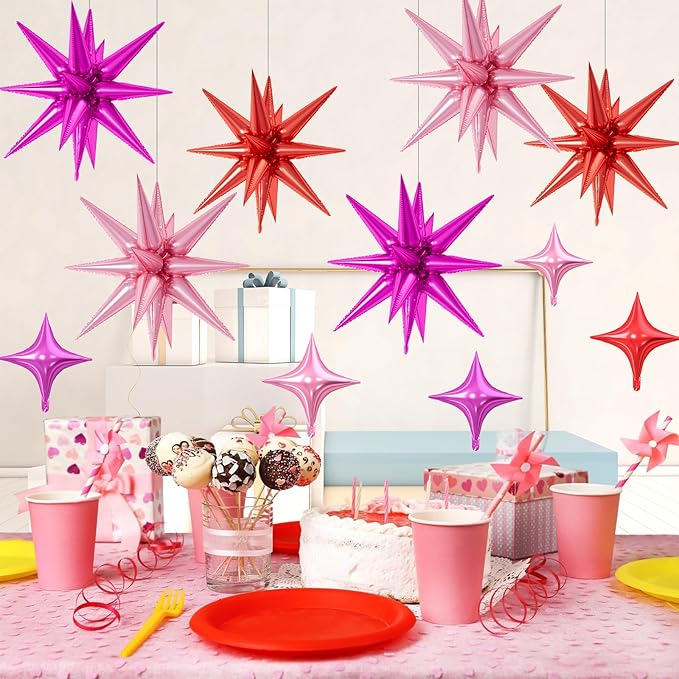 18 Pcs Red Pink Star Balloons, Pink and Red Balloon with 6 Pcs 22-Inch Explosion Star Balloons 12Pcs 10-Inch Four Pointed Stars Foil Balloon for Valentine's Anniversary Birthday Party Decoration