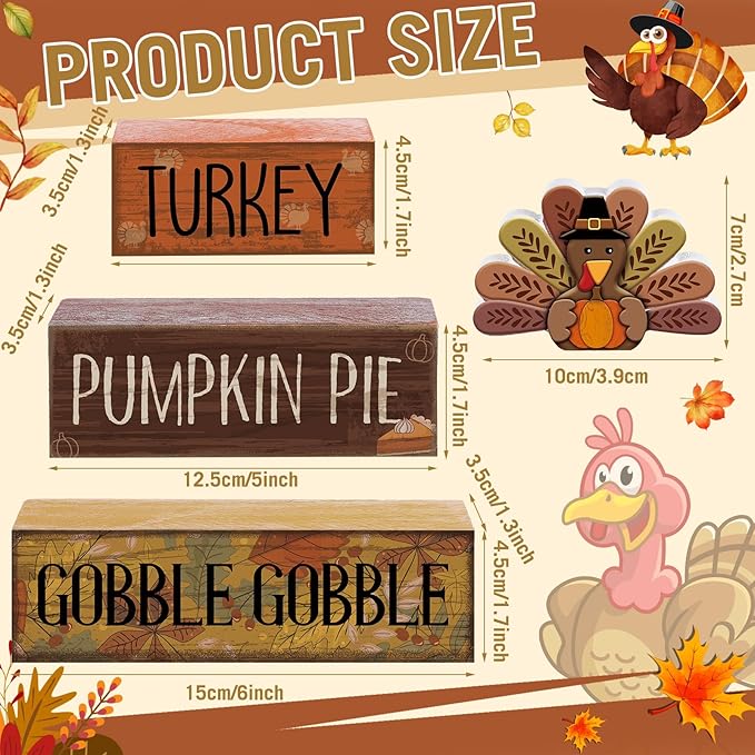 4 Pcs Thanksgiving Decorations for Home Wooden Turkey Decor Fall Tiered Tray Decor Thanksgiving Table Centerpiece Rustic Wooden Turkey Block Sign for Autumn Harvest Party Kitchen Shelf