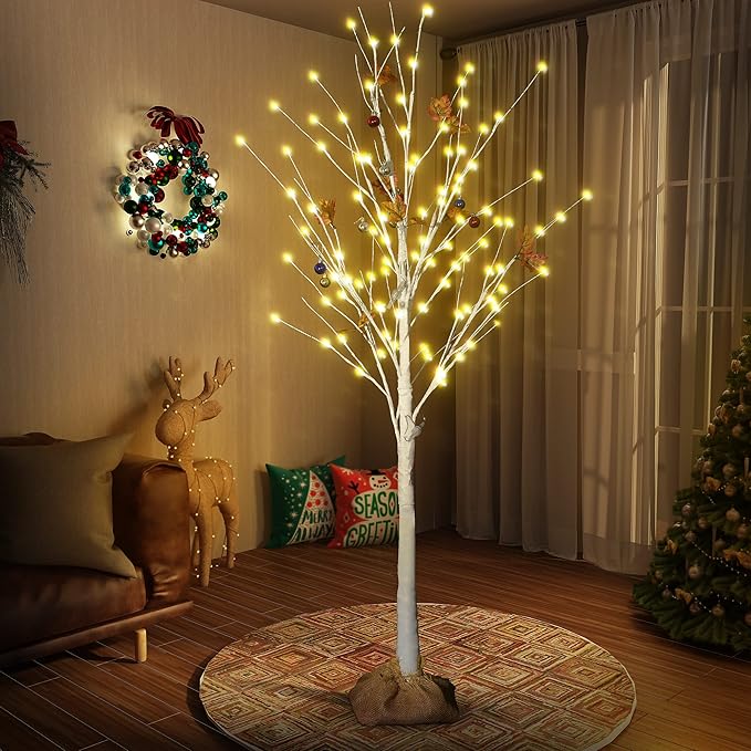 AWQM Lighted Birch Tree for Christmas Decor, Pack of 3 Prelit Christmas Tree 4ft 5ft 6ft, Warm White Christmas Tree for Indoor Christmas Decorations. (White)