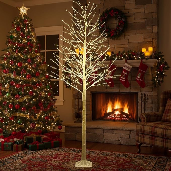 Baquler 1 Pack Lighted Birch Tree - Large Christmas Warm-White LED 8 Mode Light Birch Tree Decoration Set for Thanksgiving Holiday Fall Winter Party Decor, Indoor & Outdoor (9.2 ft)
