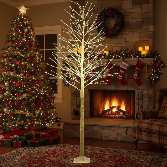 Baquler 1 Pack Lighted Birch Tree - Large Christmas Warm-White LED 8 Mode Light Birch Tree Decoration Set for Thanksgiving Holiday Fall Winter Party Decor, Indoor & Outdoor (9.2 ft)