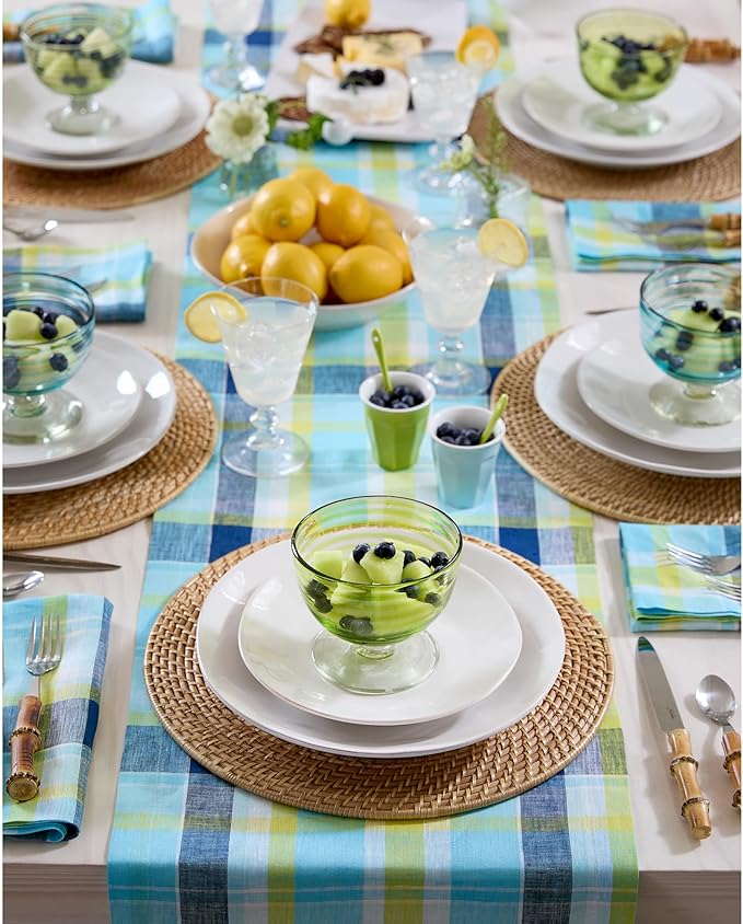 Solino Home Blue Linen Table Runner 120 Inches Long - 100% Pure Linen Summer Madras Plaid Table Runner 14 x 120 Inch - Handcrafted and Machine Washable