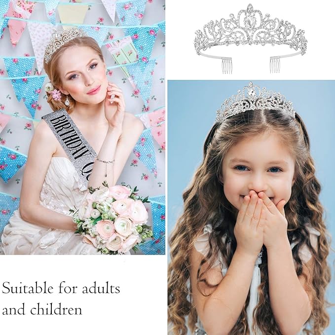 VELSCRUN Tiara for Women Silver, Happy Birthday Queen Tiara, Crown for Girls with Birthday Girl Sash, Crowns for Women with Rhinestone