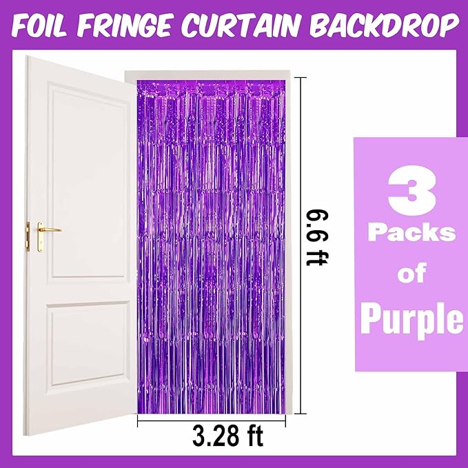 3 Pack Purple Foil Fringe Curtains Backdrop, 3.28 x 6.6 Ft Metallic Streamers Tinsel Curtains Background for Photo Booth, Birthday, Halloween, Christmas, Thanksgiving, New Year Party Decorations