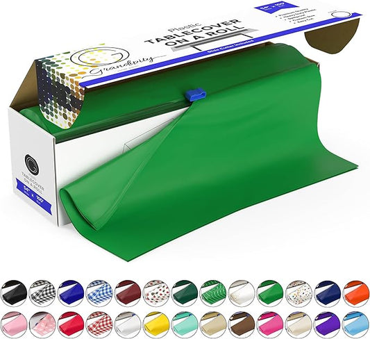 Grandipity Plastic Tablecloth Roll - 54in x 100 Ft. Green Plastic Table Cloths for Parties Disposable with Cutter Box - Cut to Size Disposable Tablecloth Table Cover for Rectangle & Round