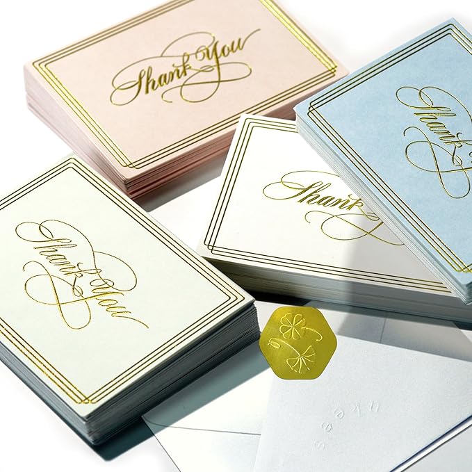 ukee's 100-Pack Luxury Thank You Cards with Envelopes Bulk - Blank Thank You Cards | Dual Gold Foil Calligraphy & Borders, 4 Colors w/Gift Box For Wedding Notes/Small Business/Baby & Bridal Shower, 3.5x5 Inches