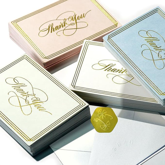 ukee's 100-Pack Luxury Thank You Cards with Envelopes Bulk - Blank Thank You Cards | Dual Gold Foil Calligraphy & Borders, 4 Colors w/Gift Box For Wedding Notes/Small Business/Baby & Bridal Shower, 3.5x5 Inches