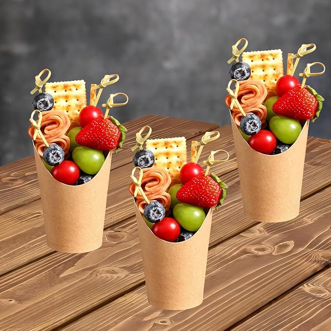12Oz Charcuterie Cup Set, 24 Pcs Cups with 100 Pcs Coctail Picks, French Fry Holder and Bamboo Knot Skewers, Handheld Party Appetizer Kit, Disposable Kraft Paper Snack Box Container, Take Out Cones