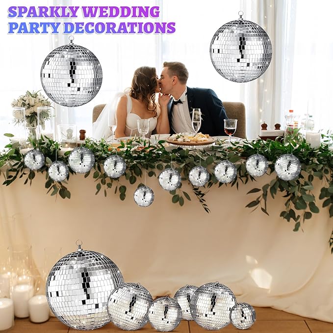 Hoolerry 200 Pcs Mini Mirror Disco Ball Ornaments Mardi Gras Small Silver Hanging Decorations Reflective Tiny Balls Bulk for 70s 80s 90s Disco Party, Christmas Tree(8'', 6'', 4'', 3'', 2,'' 1'')