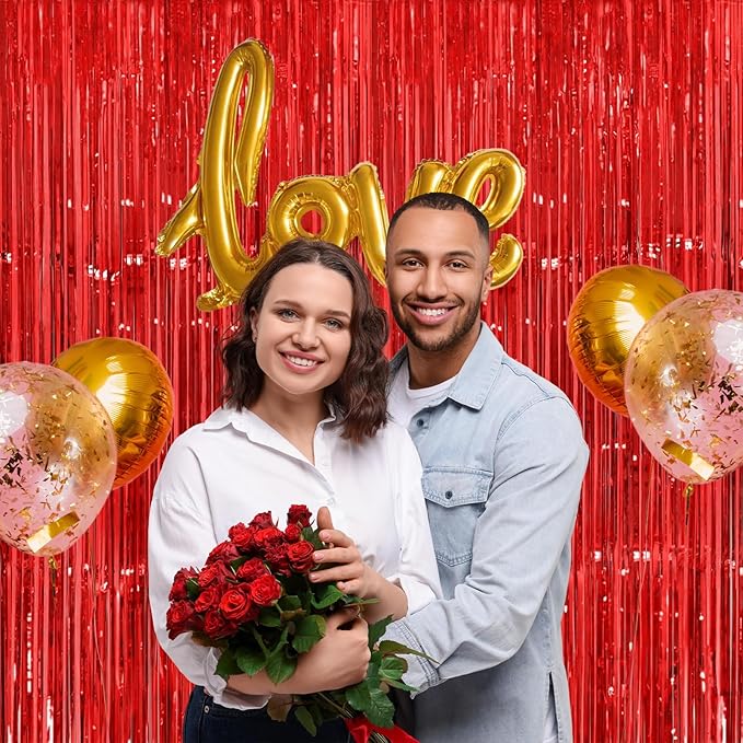 Christmas Decorations Red Streamers - Thicken 2 Pack 3.2 x 8.2 FT - Red Tinsel Foil Fringe Curtains Party Backdrop for Birthday, Casino, Carnival, Cherry, Hollywood Red Carpet Party Decorations