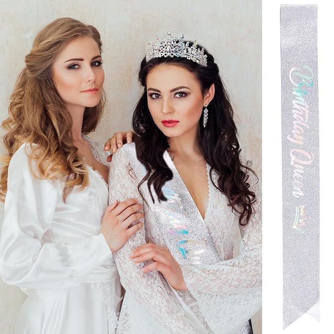 VELSCRUN Birthday Queen Tiara Crowns for Women Girls AB Silver Crystal Birthday Queen Headband Sash Elegant Princess Crown Happy Birth Party Decorations Mom Sisters Birth Gift Hair Accessories