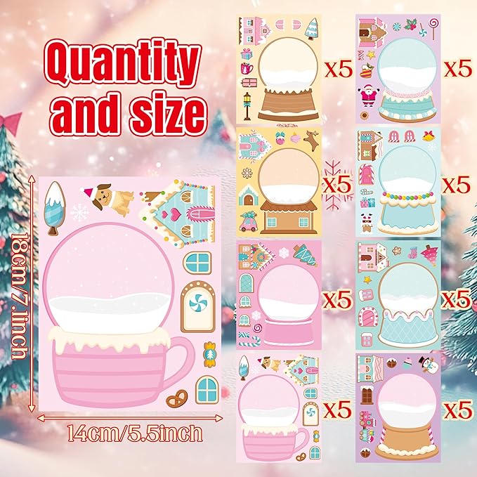 CY2SIDE Christmas Snow Globe House Stickers - 40PCS Pink Gingerbread House Make a Face Sticker Sheets for Kids School Reward, DIY Crystal Ball Sticker Game Xmas Winter Party Favor for Home Fun Project