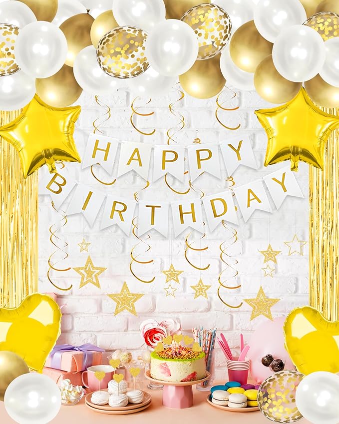 Golden Happy Birthday Party Decorations, Happy Birthday Banner, Gold Foil Heart Star Confetti Balloons Curtain Backdrop Hanging Swirls Party Decor for Boys Men