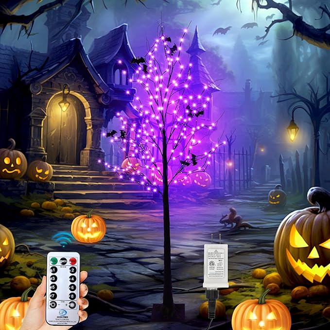 Halloween Lighted Tree with 260 LED Lights, 6FT Black Halloween Tree with Timer, 8 Modes, Dimmable, Spider Web & Bats DIY, Indoor Outdoor Halloween Decorations