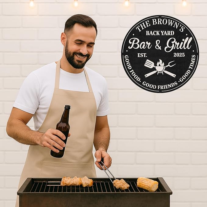 Custom BBQ Grill Metal Sign Personalized Name Wall Art for Outdoor Barbecue Patio Kitchen Backyard Decor Gift for Dad Husband Men Papa Grandpa Father Grilling Enthusiasts Family Lover Funny Gifts 67