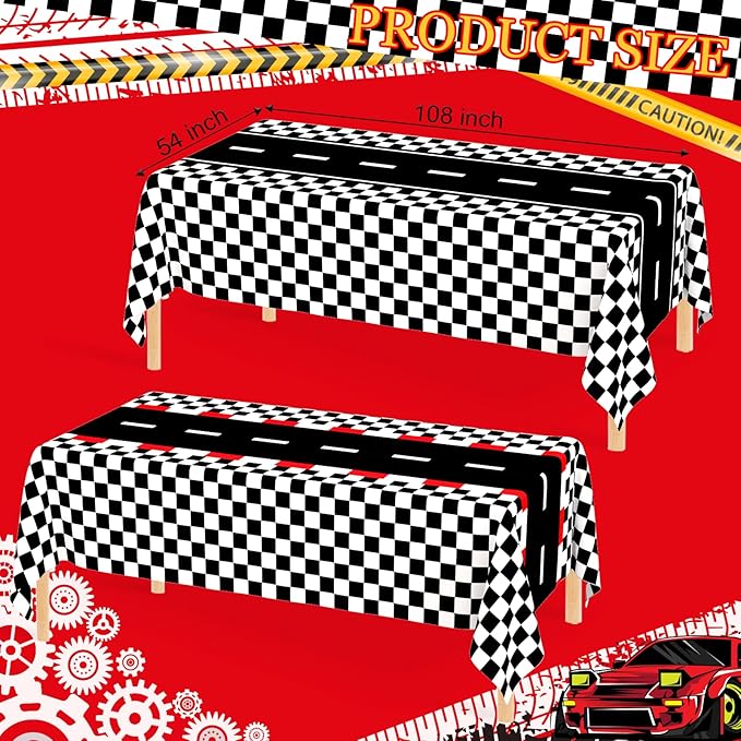 WNINK 2 Pack Race Car Table Cloth and Black White Gingham Tablecloths Disposable Plastic Buffalo Check Tablecloth Checkered Flag Covers for Birthday, Outdoor Picnic, Birthday, Camping 54 × 108 Inch