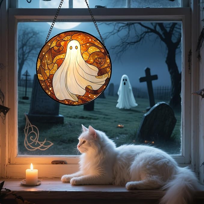 Stained Glass Window Hanging - Halloween Decoration White Ghost Robe Suncatcher for Door Garden Spooky Starry Sky Sun Catchers Gothic Decor Horror Gifts for Women Men Friend Boy Girl 7.8 in