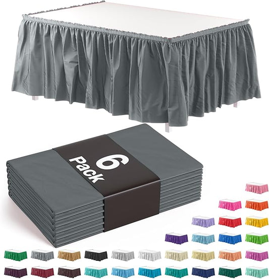 Exquisite Ruffle Table Skirt Silver 6 Pack 14 Ft Long for Rectangle 6ft Plus or Round Tables With Adhesive Strip for Gender Reveal Decor & Happy Birthday Parties