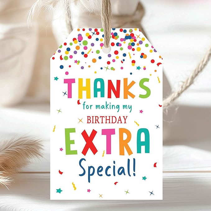 Thank You Tags, 50PCS Thanks for Making My Birthday Extra Special! Colorful Gift Tags with Jute Twine for Birthday Parties, Gift Wrapping, and Party Favors (2.2"x3.3")