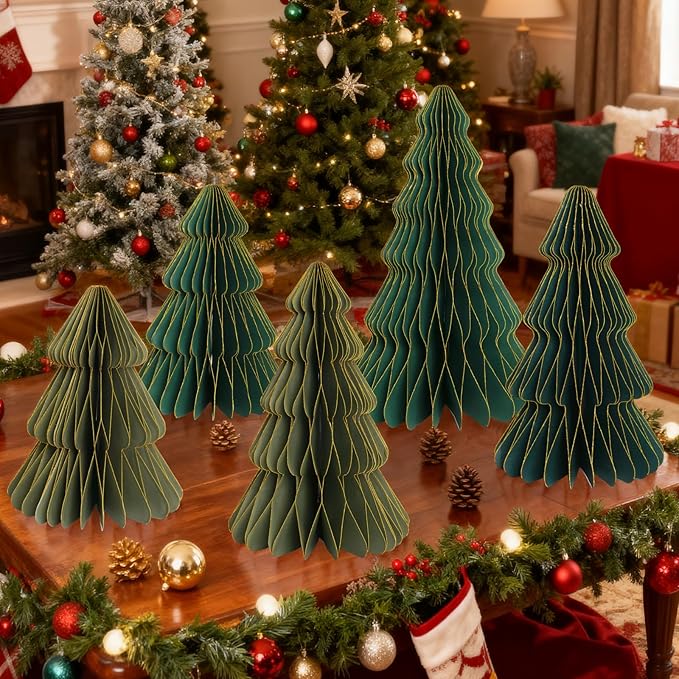 5Pcs Large Green Christmas Table Decorations Paper Christmas Trees, Light Up Honeycomb Xmas Tree Centerpieces for Tables, Christmas Frozen Winter Wonderland Party Vintage Home Decor, 12/14/16 Inch