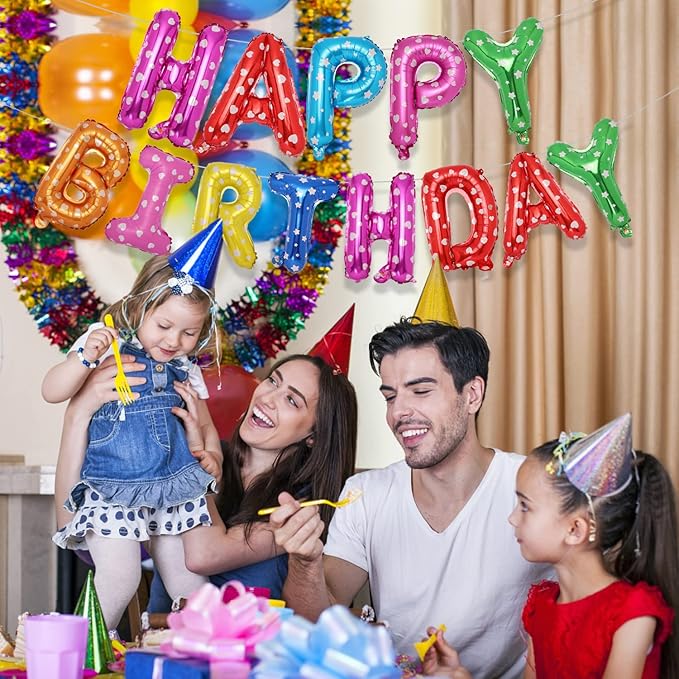 Accevo Colorful Happy Birthday Banner 16 inch Aluminum Foil Letters Balloons Heart Pattern Happy Birthday Balloon for Kids, Child, Adults, Boys & Girls Happy Birthday Sign Birthday Party Decorations