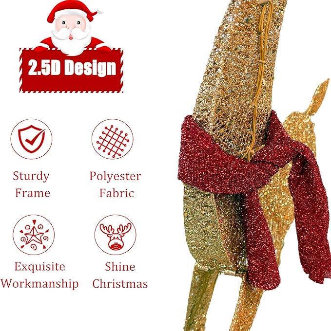 2025 New 48" 2.5D Lighted Christmas Deer Decorations, 3-Piece Lighted Christmas Deer Family Set, 4FT Large Outdoor Yard Reindeer Holiday Decoration with145 LED Lights, Gold
