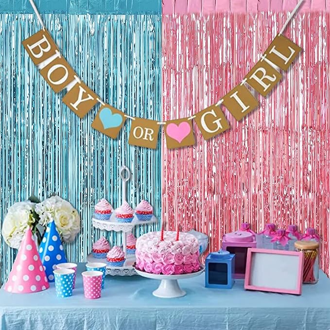4 Pack 3.2Ft x 9.8Ft Pink Blue Fringe Curtain Backdrop, Metallic Tinsel Foil Fringe Streamers Curtains Background for Photo Booth Wedding Gender Reveal Backdrop Boy or Girl Birthday Party Decoration